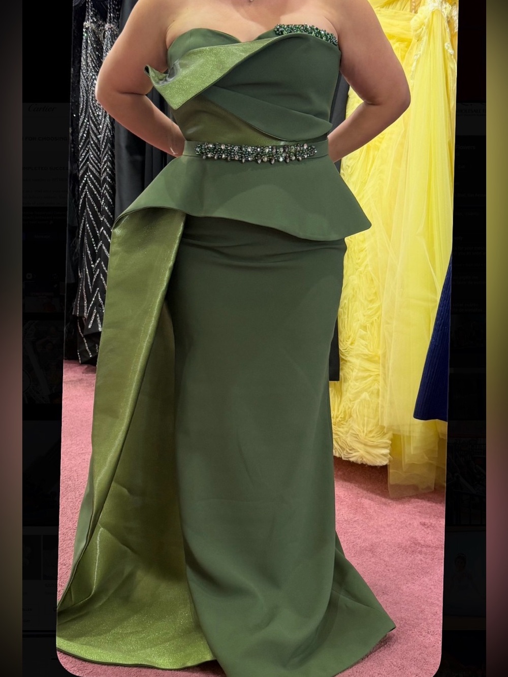 Olive Green Strapless Peplum Evening Gown with Beaded Waist